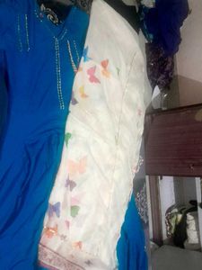 Blue Anarkali With White Butterfly Dupatta