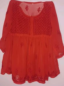Georgette Chickankari Work Short Kurti Free Size