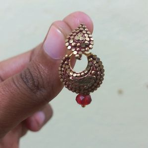 Golden And Red Earrings With Drop