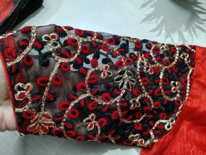 Organza Black &amp; Red Polka Dot Saree