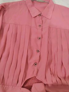 Pink Pleated Button-Down Top