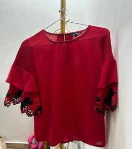 Red Ruffle Sleeve Top with Floral Lace