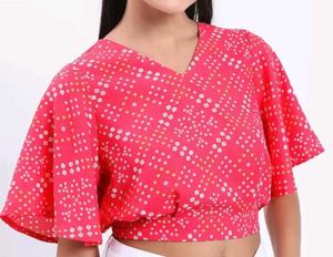 Pink Geometric Printed V Neck Flared Sleeves Crop