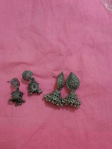 Oxidized Silver Jhumka Earrings Set