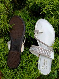 Elegant White Stone-Studded Flat Sandals