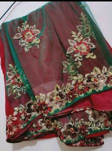 Maroon &amp; Green Party Wear Saree Without Blouse