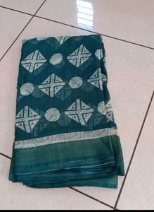 Rani Pink  Floral Print Saree And Teal Blue Cotton