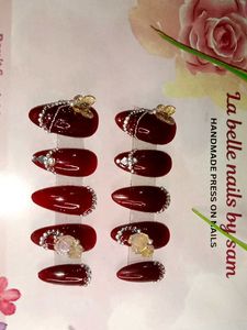 Premium Handmade Maroon Press-On Nails with Gems