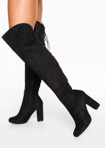 LEATHER LACE BACK BLOCK HEEL HIGH BOOTS