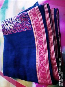 Beautiful Blue Saree With Velvet Blouse Piece