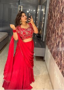 Red Embroidered pre draped saree new