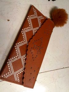 Brown Clutch with Pom-Pom