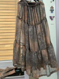 Tiered Beige Floral Skirt With Stole