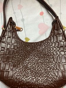 Brown Croc Embossed Shoulder Bag