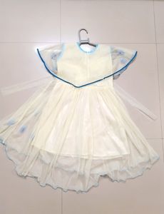 Off white and sky blue knee length frock for girls