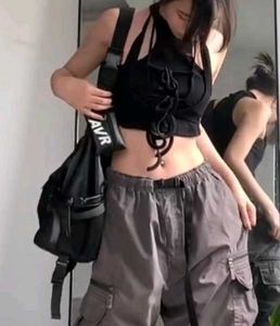 Newme Kpop Black Front Tie Up Cutout Crop Top
