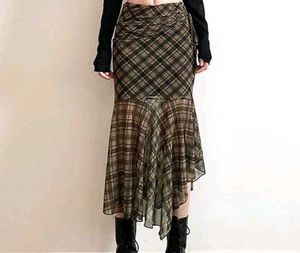Olive Checkered Fit And Flare Skirt
