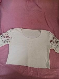 White Very Soft Top With Rose Design On Sleeves