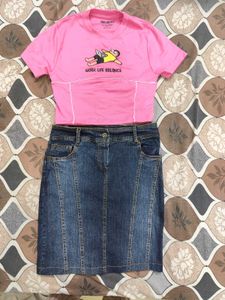 Cute Pink Graphic Tee & Denim Skirt