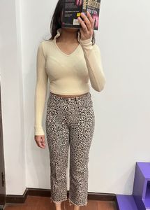 Beige Ribbed Collared Top