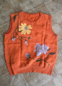 Orange Knit Sleeveless Floral Sweater