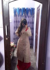 Beige &amp; Red Trim Traditional Kurti and skirt