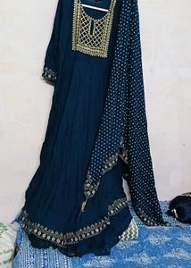 Teal Embroidered Gown With Long Dupatta