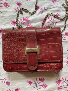 Red Sling Bag With Chain Strap