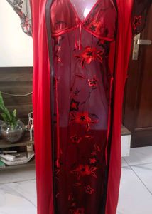 Red Floral slip night dress with satin rob