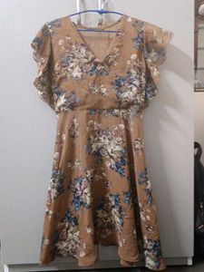 Floral brown fit and flare dress with ruffle sleev