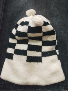 Black And White Checkered Woolen Beanie