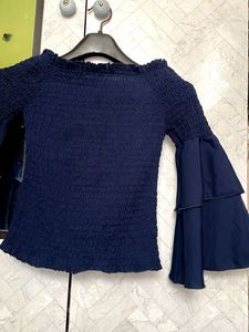 Navy Smocked Off-Shoulder Bell Sleeve Top
