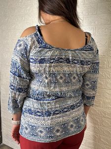 Cream And blue Printed Top With cut Out Shoulder