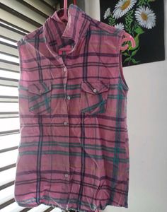 Vintage Pink Plaid Sleeveless Shirt