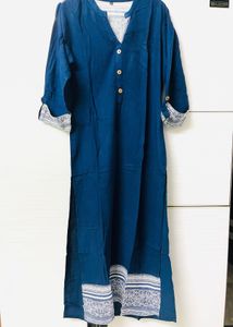 Blue Cotton Kurti with White Detail