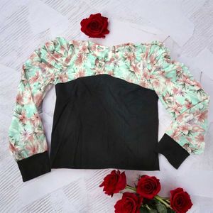 Women's Floral Puff Sleeve Top – Mint Green&Black