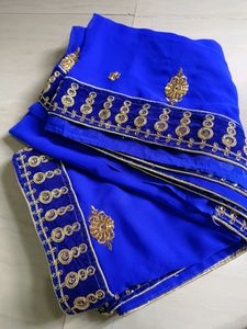 Blue Saree With velvet Golden Border 💙