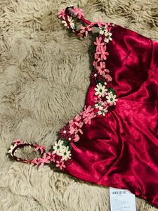 Red Satin Floral Trim Mini Slip Dress