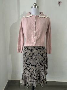 Pink Cardigan with Lace Collar