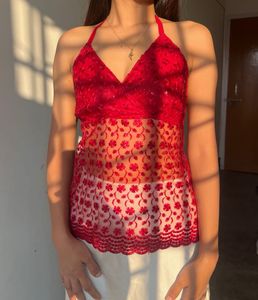 chatpate  red Floral Lace Halter Top