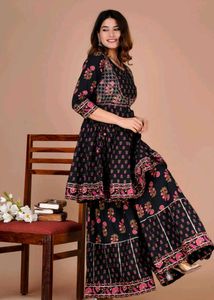 Black Printed Cotton Kurta Set With Sharara 🖤
