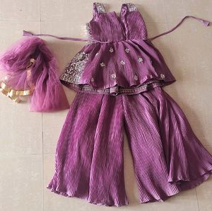 Purple Square Neck Girls Palazzo Set Sharara
