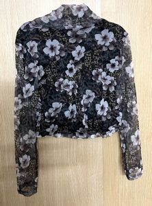Sheer Floral &amp; Leopard Print Mock Neck Top