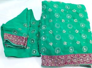 Saree blouse Flourescent green kasab kardana Ful