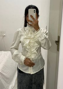Victorian neck design Ruffled Korean White Top