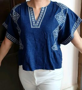8seconds Women Blue Embroidered Casual Crop Top