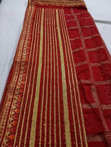 Red Saree With Golden Print Work