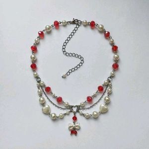 Red & Pearl Heart Bow Necklace