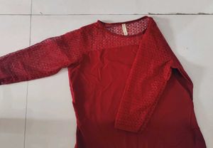 Red Plain Kurta with Net Neck line