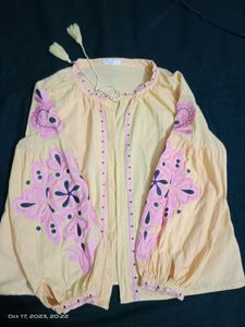 Ladies Jacket Yellow With Pink Embroidery Design
